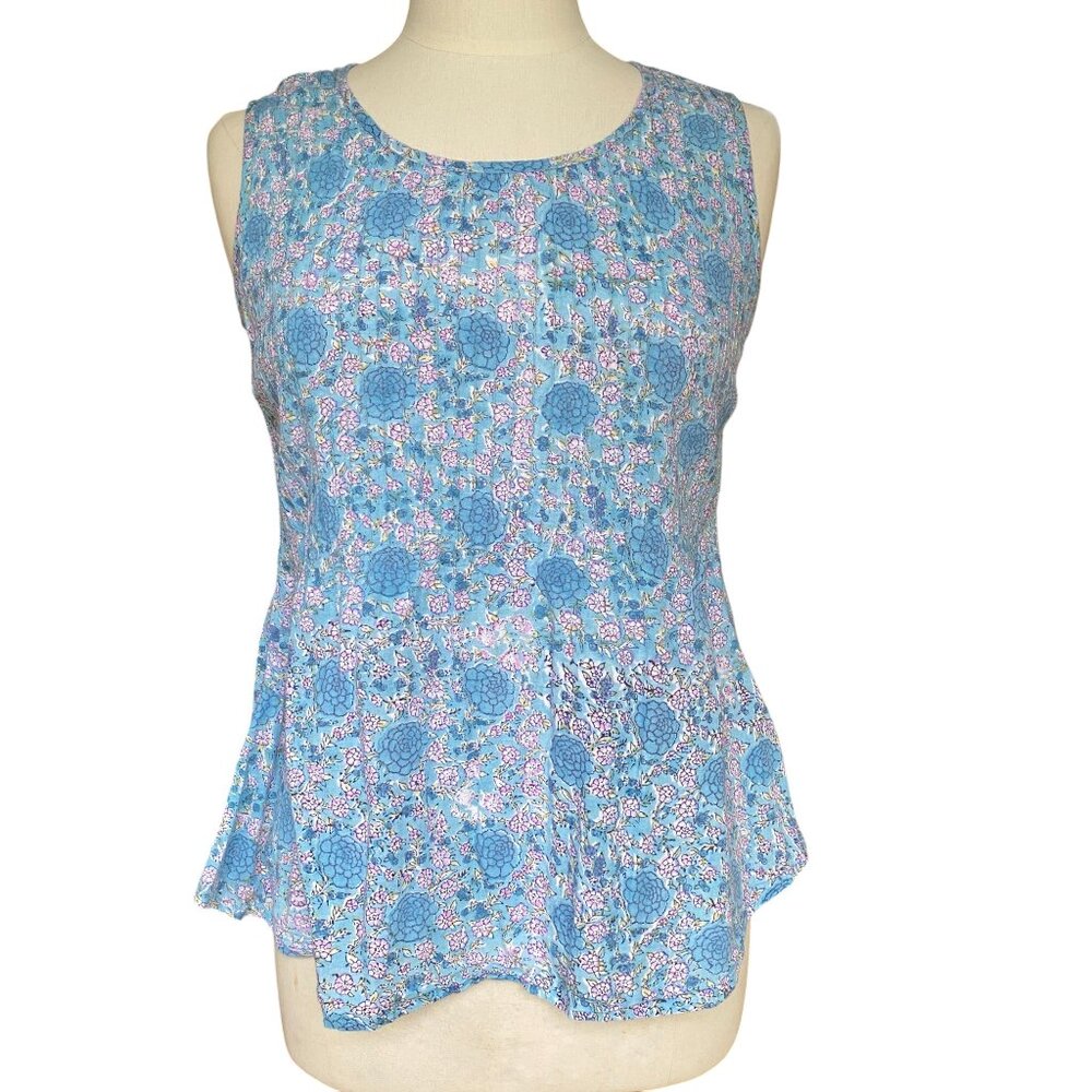 Vintage Fabindia Hand Block Print Tank Top Floral Pleated Peplum Boho Coastal-M